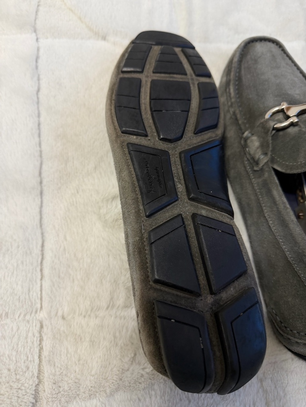 $850 Salvatore Ferragamo Gancini Ornament Bit Suede Driving Loafers Gray 10 11 - Picture 11 of 16